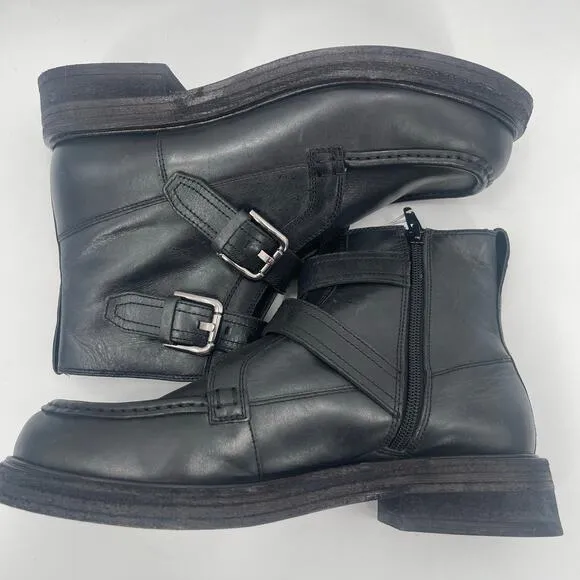 FREE PEOPLE Isla Boots Size 9 Moto Black Leather Buckles Zipper Edgy Boho Ankle
