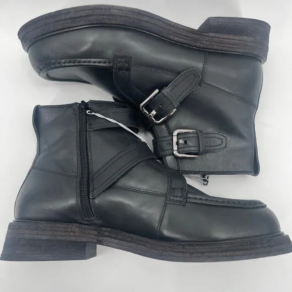FREE PEOPLE Isla Boots Size 9 Moto Black Leather Buckles Zipper Edgy Boho Ankle