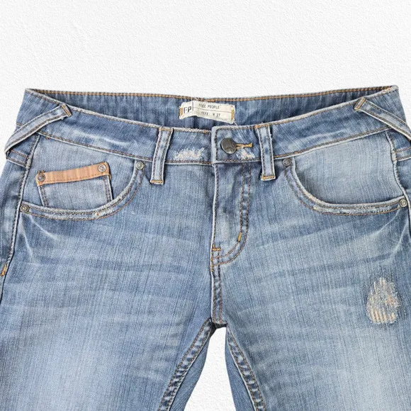Free People Light Wash Low Rise Distressed Cuffed Contrast Skinny Jeans Size 27
