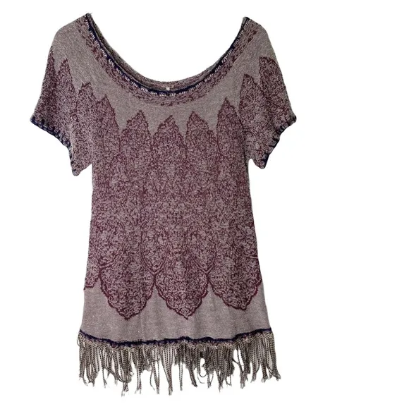 Free People Medallion Fringe Short Sleeve BOHO Sweater XS