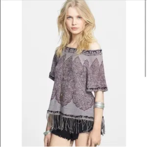 Free People Medallion Fringe Short Sleeve BOHO Sweater XS