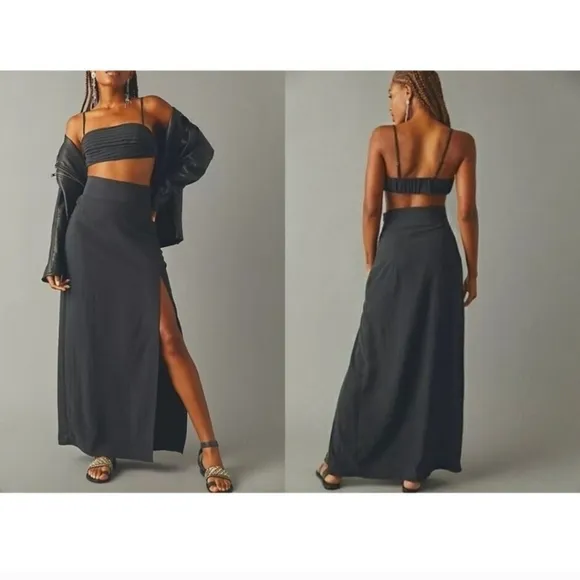 Free People Nikki 2 Piece Boho Maxi Skirt Set Noir Black Color