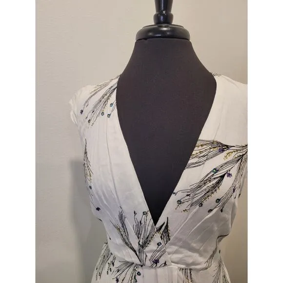 FREE PEOPLE Printed Retro Midi Dress Surplice Deep V-Neckline 4 Boho Bohemian