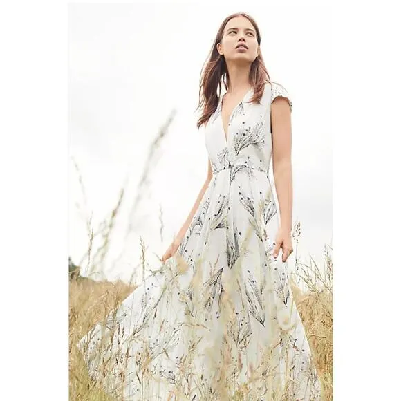 FREE PEOPLE Printed Retro Midi Dress Surplice Deep V-Neckline 4 Boho Bohemian