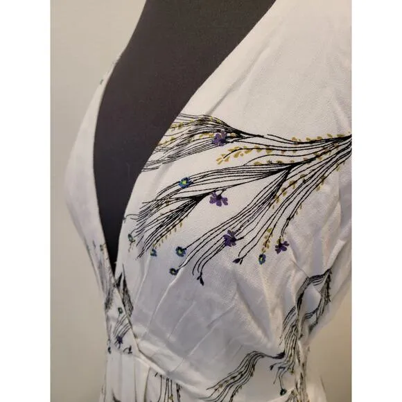FREE PEOPLE Printed Retro Midi Dress Surplice Deep V-Neckline 4 Boho Bohemian