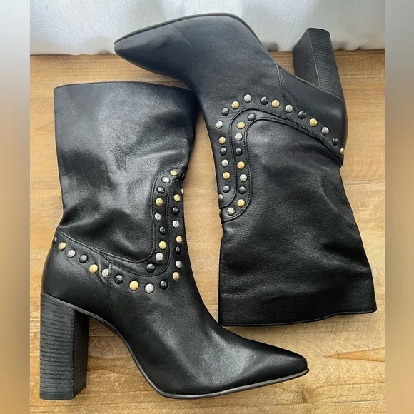 Free People Studded Dakota Heel Leather Boots Black Size 41