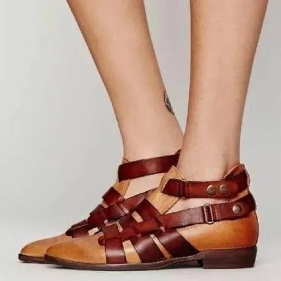 Free People Style-Nine Distressed Strappy Buckles Ankle Leather Boots Size 39