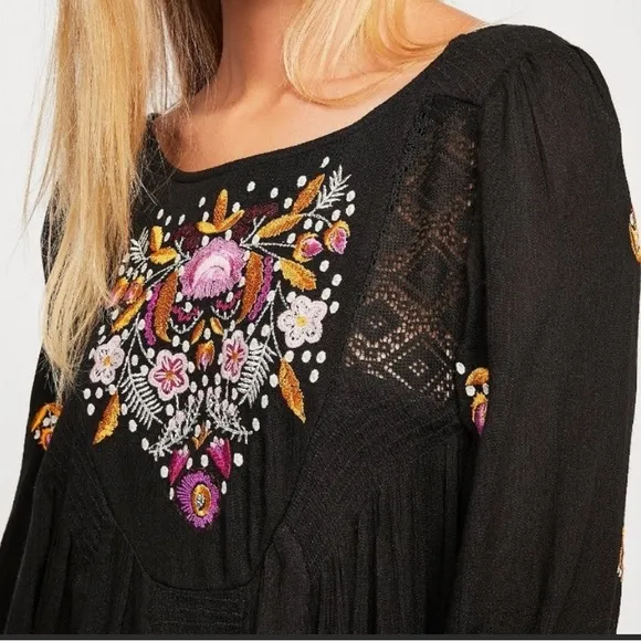 Free People The Mohave Embroidered Mini Dress Embroidered Boho Black Size XS