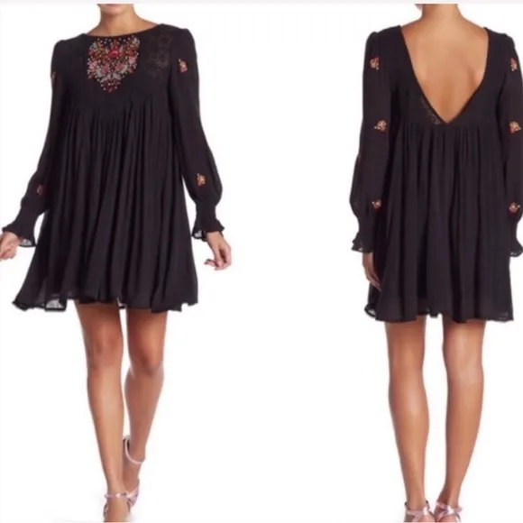 Free People The Mohave Embroidered Mini Dress Embroidered Boho Black Size XS