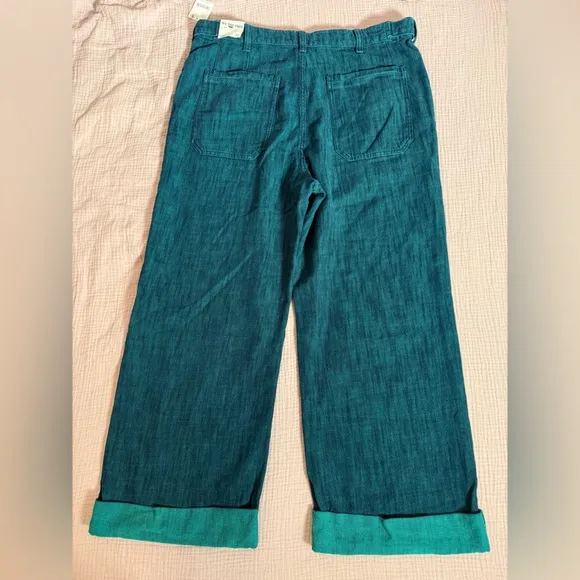 Free People We The Free Palmer Yarn Dyed Cuff Jeans Lagoon Blue Wide Leg Boho