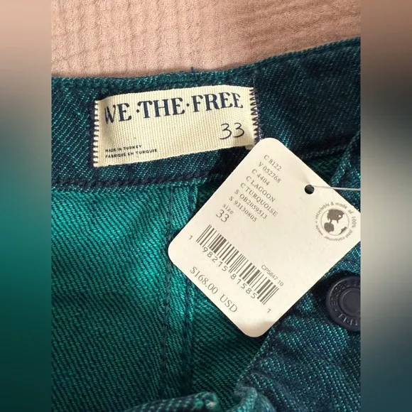 Free People We The Free Palmer Yarn Dyed Cuff Jeans Lagoon Blue Wide Leg Boho