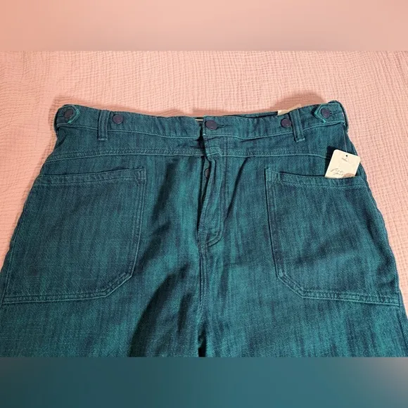 Free People We The Free Palmer Yarn Dyed Cuff Jeans Lagoon Blue Wide Leg Boho