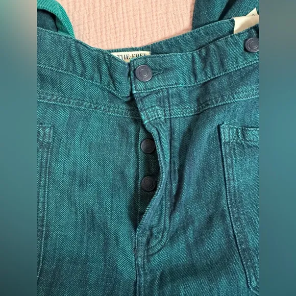 Free People We The Free Palmer Yarn Dyed Cuff Jeans Lagoon Blue Wide Leg Boho