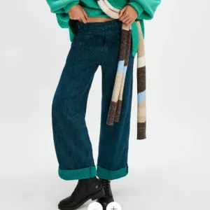 Free People We The Free Palmer Yarn Dyed Cuff Jeans Lagoon Blue Wide Leg Boho