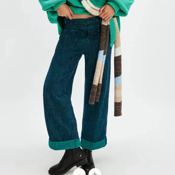 Free People We The Free Palmer Yarn Dyed Cuff Jeans Lagoon Blue Wide Leg Boho