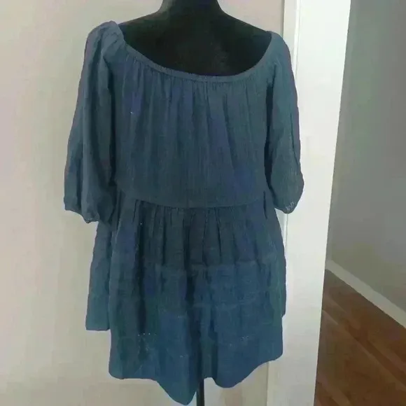 Free People Womens Blue Tiered 3/4 Balloon Sleeve Mini Dress S