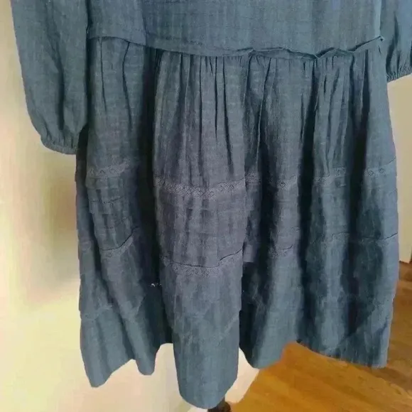 Free People Womens Blue Tiered 3/4 Balloon Sleeve Mini Dress S