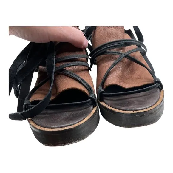 Free People Womens Bowery Sandal Size 38 7 Brown Black Wood Wedge Ankle Tie Shoe