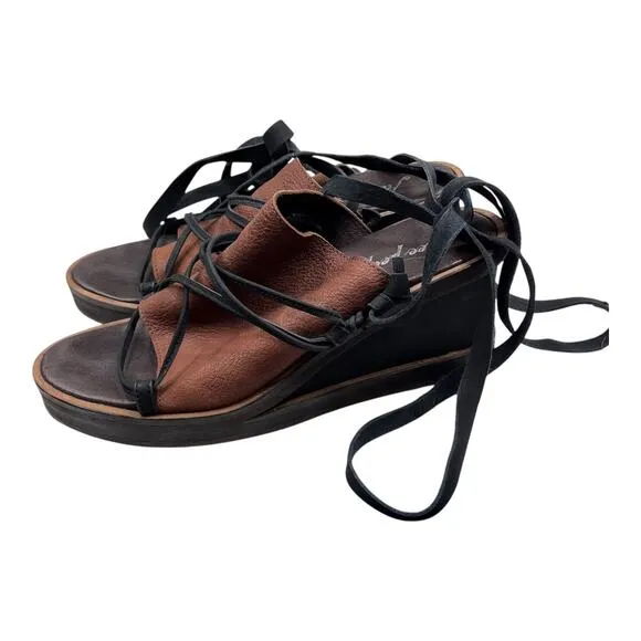 Free People Womens Bowery Sandal Size 38 7 Brown Black Wood Wedge Ankle Tie Shoe