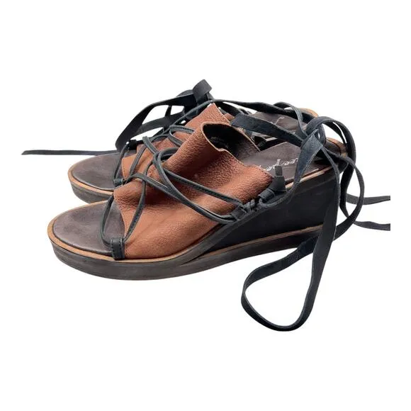 Free People Womens Bowery Sandal Size 38 7 Brown Black Wood Wedge Ankle Tie Shoe