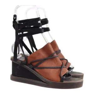 Free People Womens Bowery Sandal Size 38 7 Brown Black Wood Wedge Ankle Tie Shoe