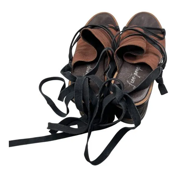 Free People Womens Bowery Sandal Size 38 7 Brown Black Wood Wedge Ankle Tie Shoe