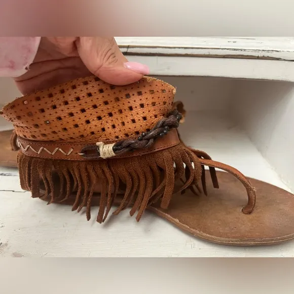 Free People Wonderland Leather Fringe Festival Boho Sandals Sz 38