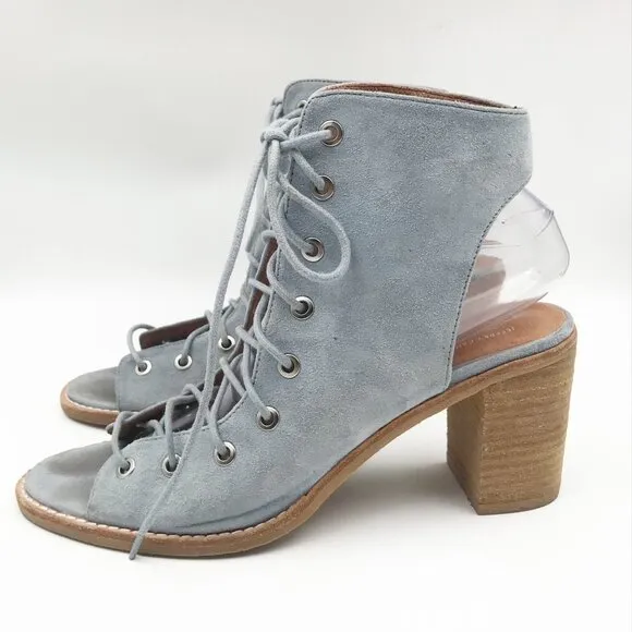 FREE PEOPLE X JEFFREY CAMPBELL Cors Peep Toe Lace Up Suede Blue Heels Womens 10