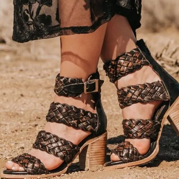 Freebird by Steven Bayou Olive Multi Sandals Braided Buckle Heels Size 10