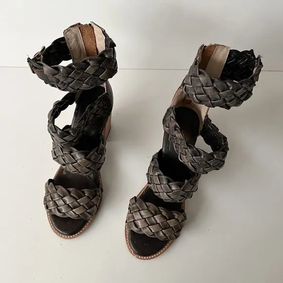 Freebird by Steven Bayou Olive Multi Sandals Braided Buckle Heels Size 10