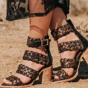 Freebird by Steven Bayou Olive Multi Sandals Braided Buckle Heels Size 10