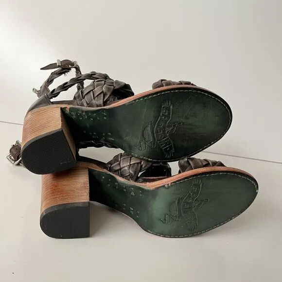 Freebird by Steven Bayou Olive Multi Sandals Braided Buckle Heels Size 10