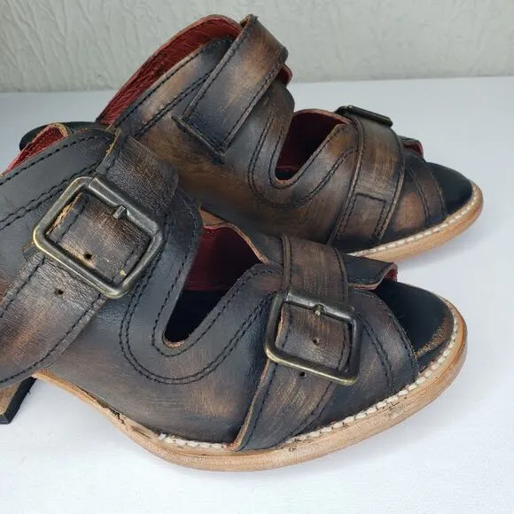 FREEBIRD By Steven CAPRICE Leather Western Slide Heels Boho Mule Sandals 7 Brown