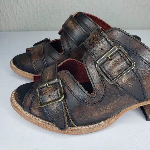 FREEBIRD By Steven CAPRICE Leather Western Slide Heels Boho Mule Sandals 7 Brown