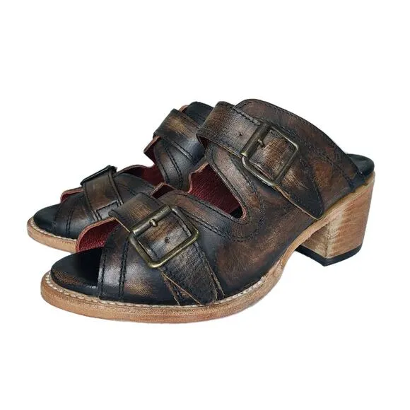 FREEBIRD By Steven CAPRICE Leather Western Slide Heels Boho Mule Sandals 7 Brown
