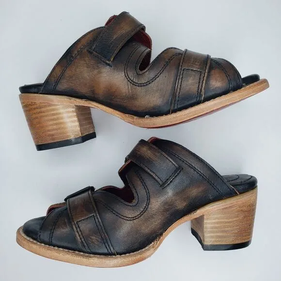 FREEBIRD By Steven CAPRICE Leather Western Slide Heels Boho Mule Sandals 7 Brown