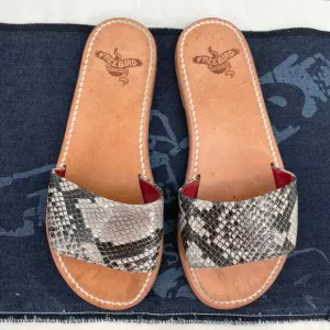 Freebird by Steven Golden Leather Sandals Python Snakeskin Reptile Slides Size 6