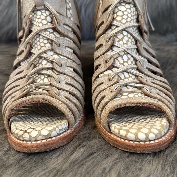 Freebird by Steven Wazee Heeled Boots with Woven Straps and Open-Toe Design