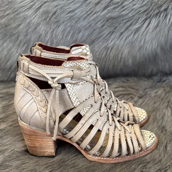 Freebird by Steven Wazee Heeled Boots with Woven Straps and Open-Toe Design