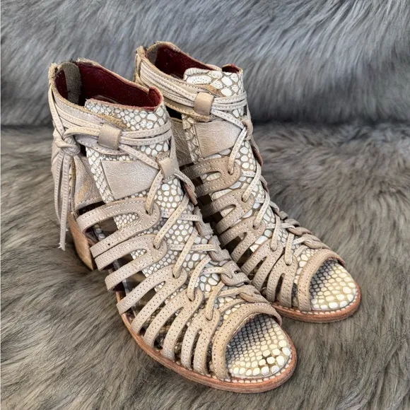 Freebird by Steven Wazee Heeled Boots with Woven Straps and Open-Toe Design