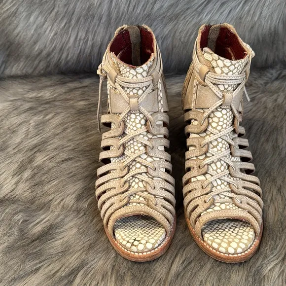 Freebird by Steven Wazee Heeled Boots with Woven Straps and Open-Toe Design