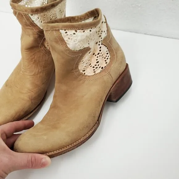 FREEBIRD Leather Eyelet Cayote Crochet Ankle Booties Boots