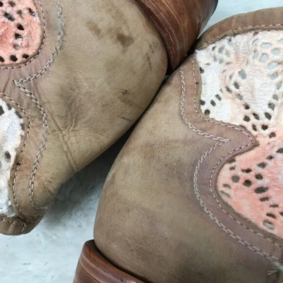 Freebirds by Steven Coyote Crochet Booties Sz 9 Leather Tan Brown Boho Festival