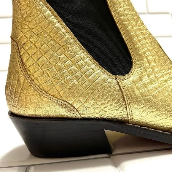Free People Beau Western Chelsea Ankle Boot Metallic Gold Pointed Square Toe 8.5