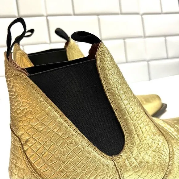 Free People Beau Western Chelsea Ankle Boot Metallic Gold Pointed Square Toe 8.5