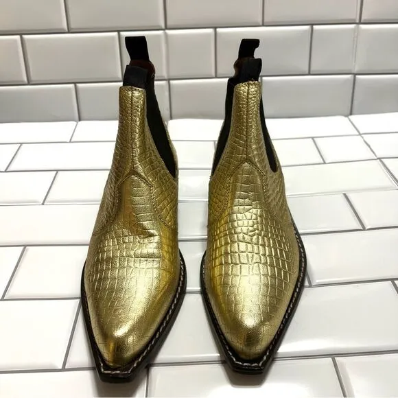Free People Beau Western Chelsea Ankle Boot Metallic Gold Pointed Square Toe 8.5