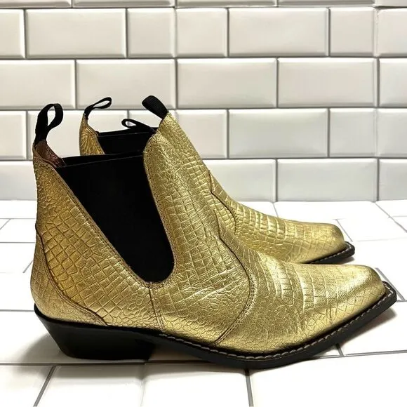 Free People Beau Western Chelsea Ankle Boot Metallic Gold Pointed Square Toe 8.5