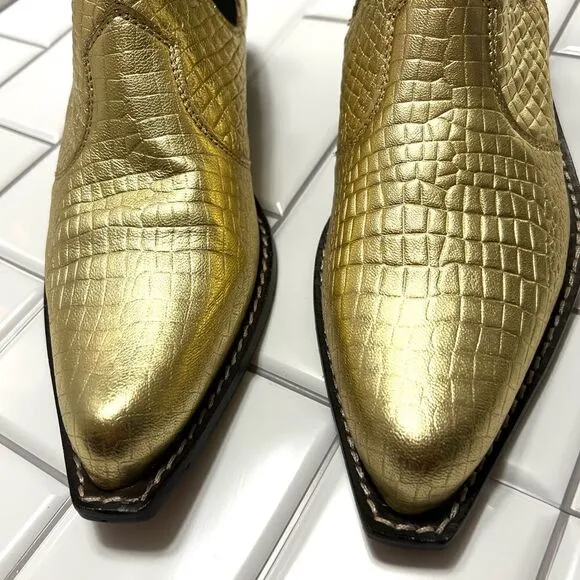 Free People Beau Western Chelsea Ankle Boot Metallic Gold Pointed Square Toe 8.5