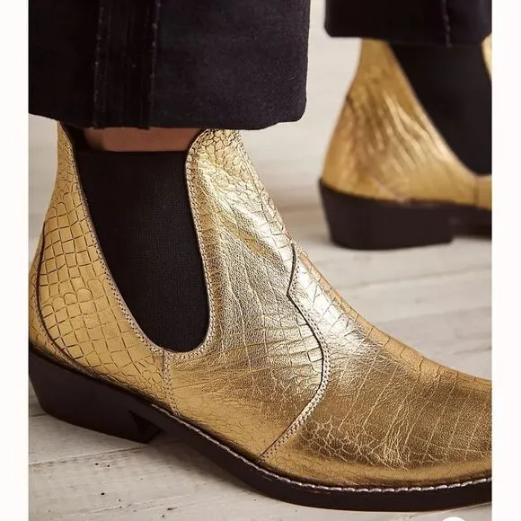 Free People Beau Western Chelsea Ankle Boot Metallic Gold Pointed Square Toe 8.5