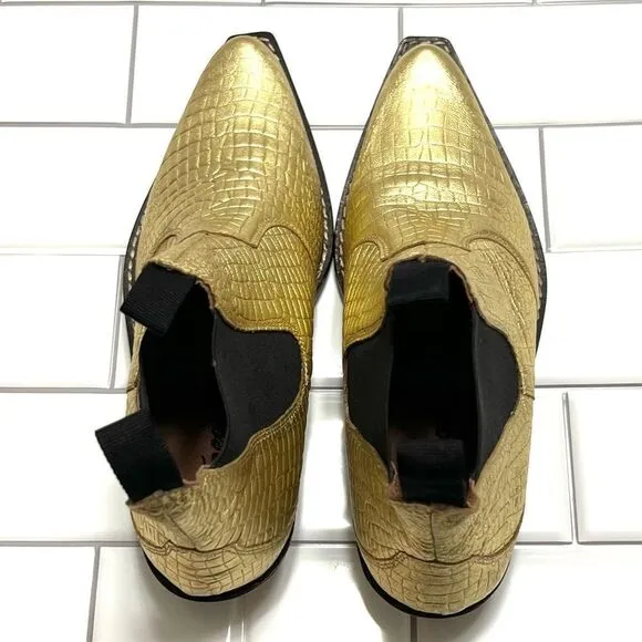Free People Beau Western Chelsea Ankle Boot Metallic Gold Pointed Square Toe 8.5